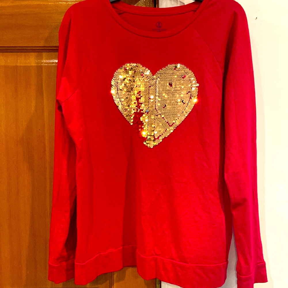 NWOT! Lands End girls size 16, long sleeve flip sequin peace heart shirt!